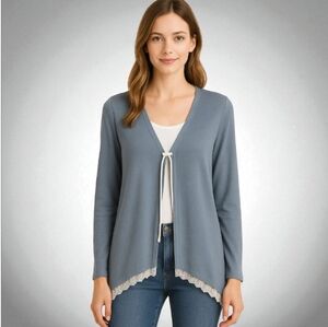 LOGO Lori Goldstein Slate Blue Tie Front Asymmetrical Lace hem Cardigan